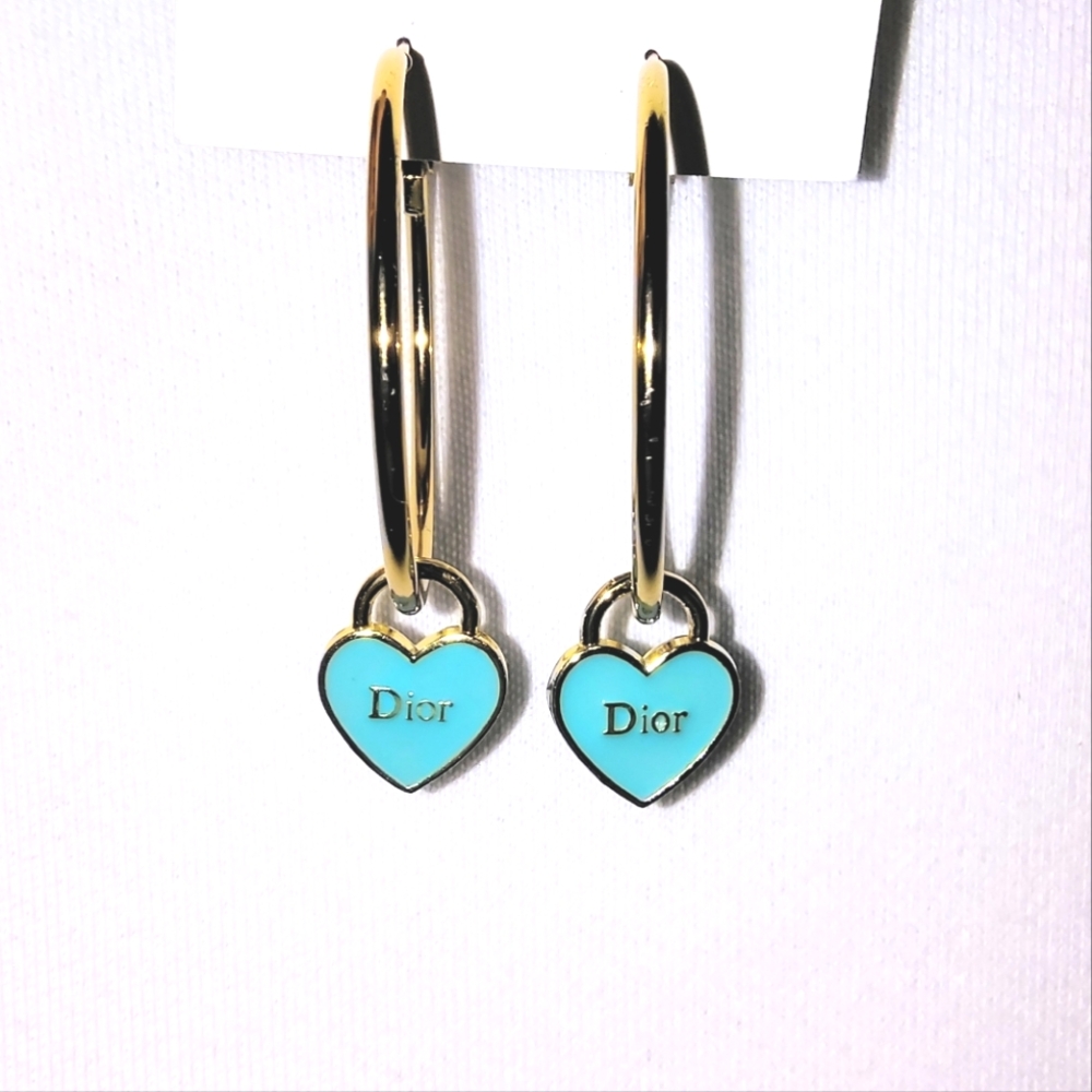 Dior Blue Heart Zipper Pull Pendants/14k Gold Plated Hoops - Picture 2 of 5